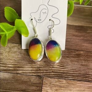 Yellow and Purple Oval Earrings with Silver Hooks